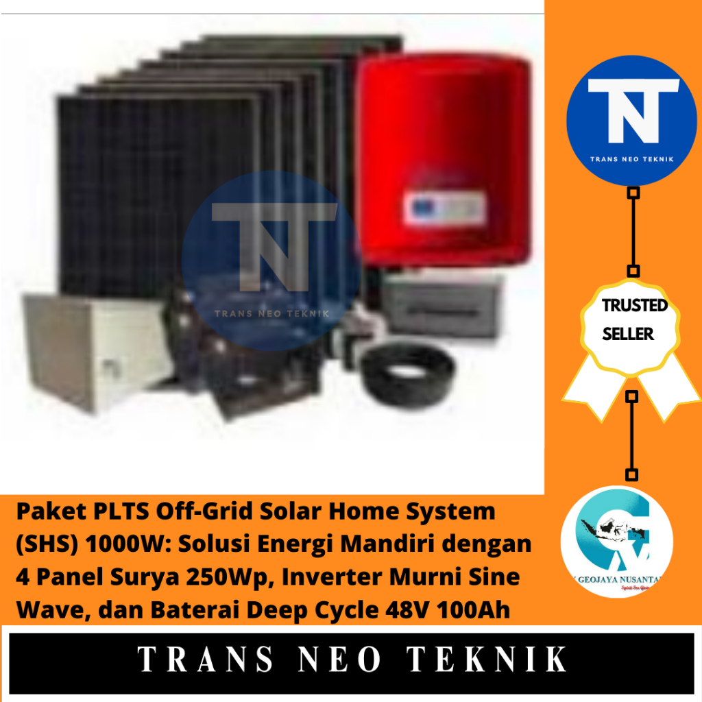 Paket PLTS Off-Grid Solar Home System (SHS) 1000W: Solusi Energi Mandiri dengan 4 Panel Surya 250Wp,