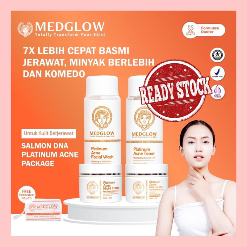 MEDGLOW CLINIC Platinum Acne Salmon DNA Package + Bonus Tas Kulit | Paket Skincare Krim Pagi Malam D