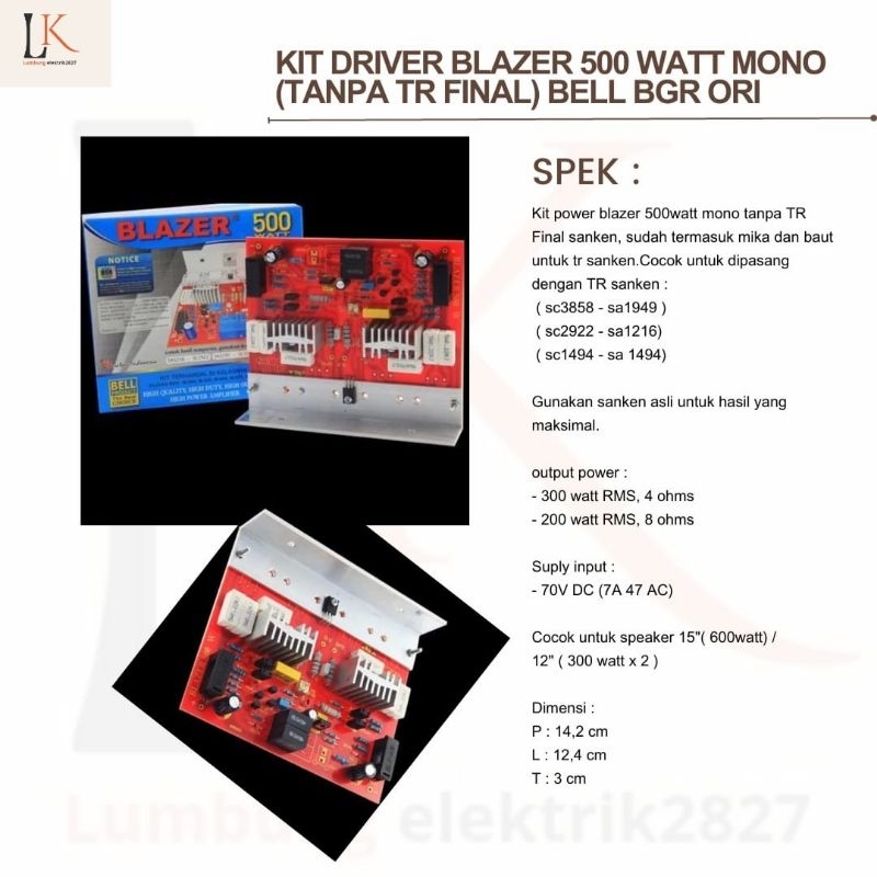 KIT DRIVER BLAZER 500 WATT MONO (TANPA TR FINAL) BELL BGR ORI