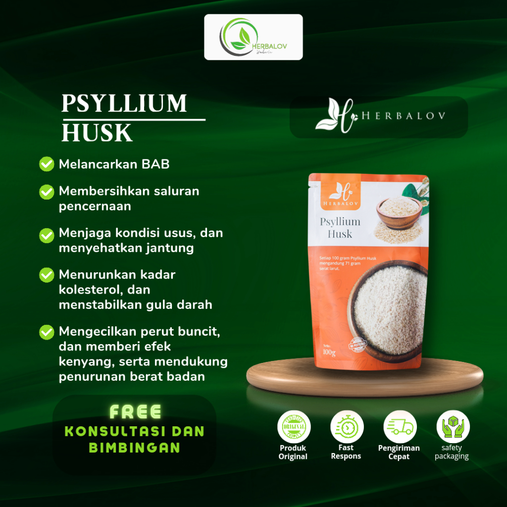 HERBALOV Psyllium Husk grade Premium bubuk serat pendukung diet DBH