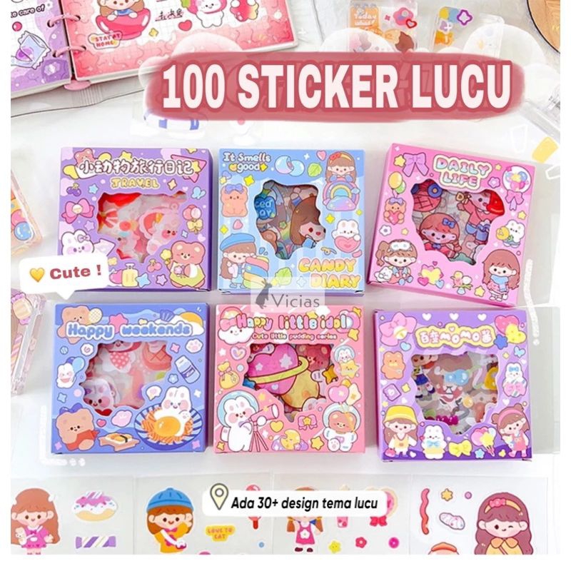 

satu box isi 100 Pcs sticker 2D Sticker pvc Aesthetic motif lucu anti air isi 100 Pcs Free Minibox