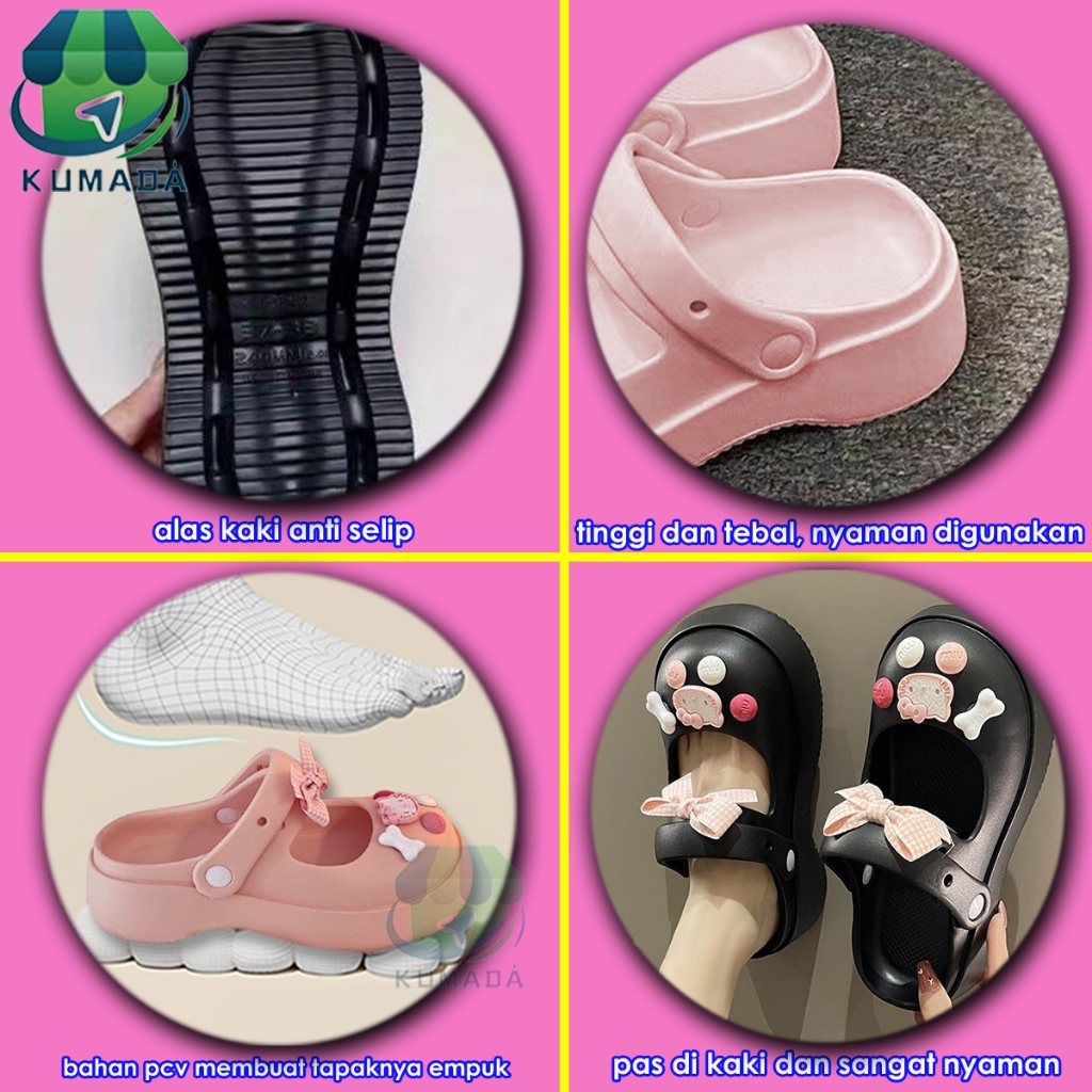 Sandal Kodok Dewasa Wanita  Sepatu Sendal Baim Wedges Platform PVC Dengan Assesoris Pita