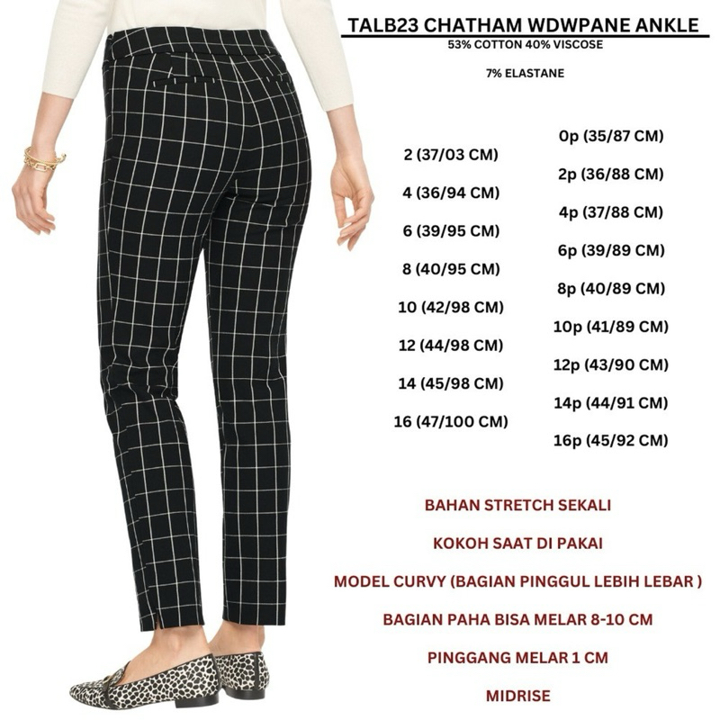 Celana Panjang Wanita Midrise, Motif Kotak, bahan Stretch branded TALBOTS Original (Zipper di Sampin