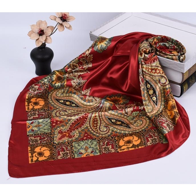 krudung segi empat sutra pola warna persegi 90*90 bermotif bunga Scarf aksesoris wanita syal sutra