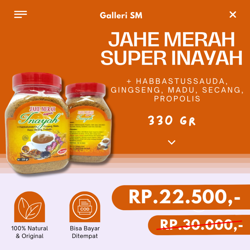 

Serbuk Jahe Merah Super Inayah 330 Gr Minuman Herbal Bubuk Habbatussauda Ginseng Secang Madu Propolis Batuk Demam