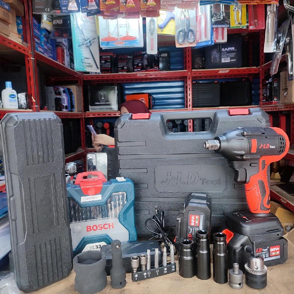 Mesin impact wrench JLD merah paket bengkel dan rumahan