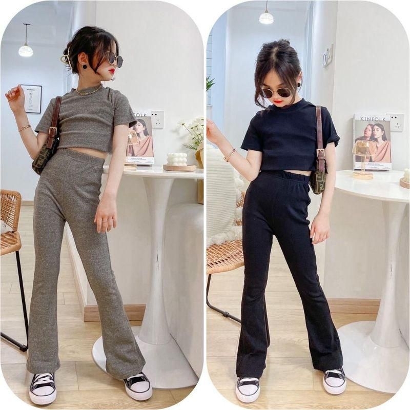 JS27 Setelan anak perempuan crop celana panjang cutbray polos / baju anak cewek usia tanggung