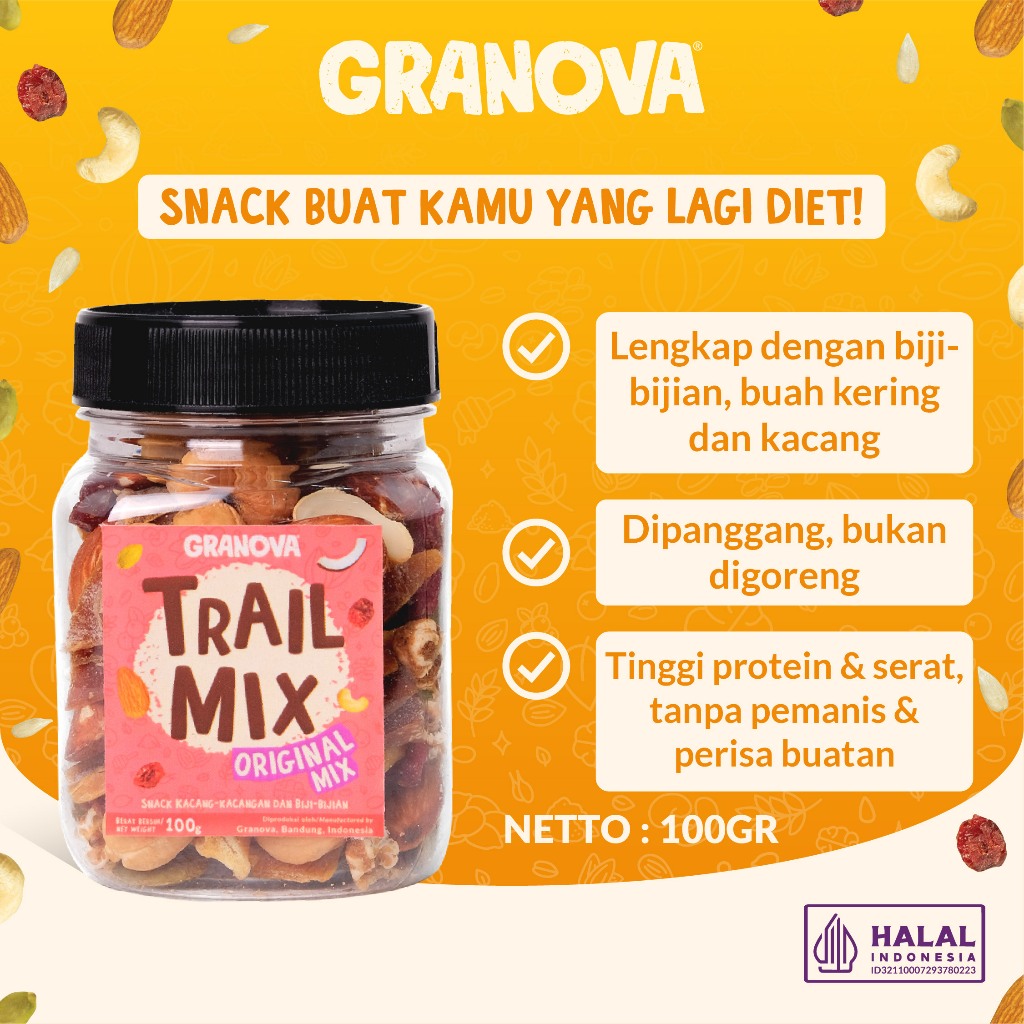 

Granova - Trail Mix / Cemilan Kacang Panggang, Biji-Bijian, Buah Kering 180gr