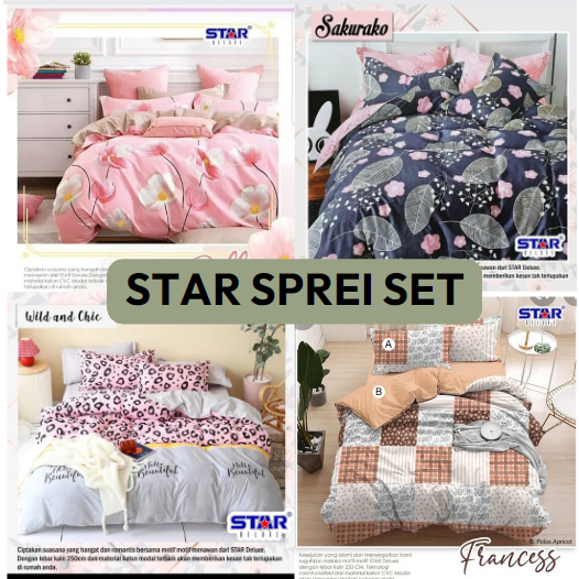 Sprei Set (TANPA SELIMUT) Katun Lokal by Star Deluxe Ukuran (200x200, 180x200, 160x200, 120x200, 100