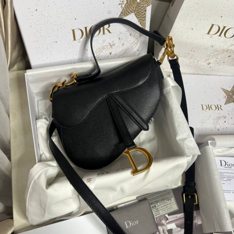 nego preloved rec 2022 christian dior Saddle bag with strap black grained calfskin authentic