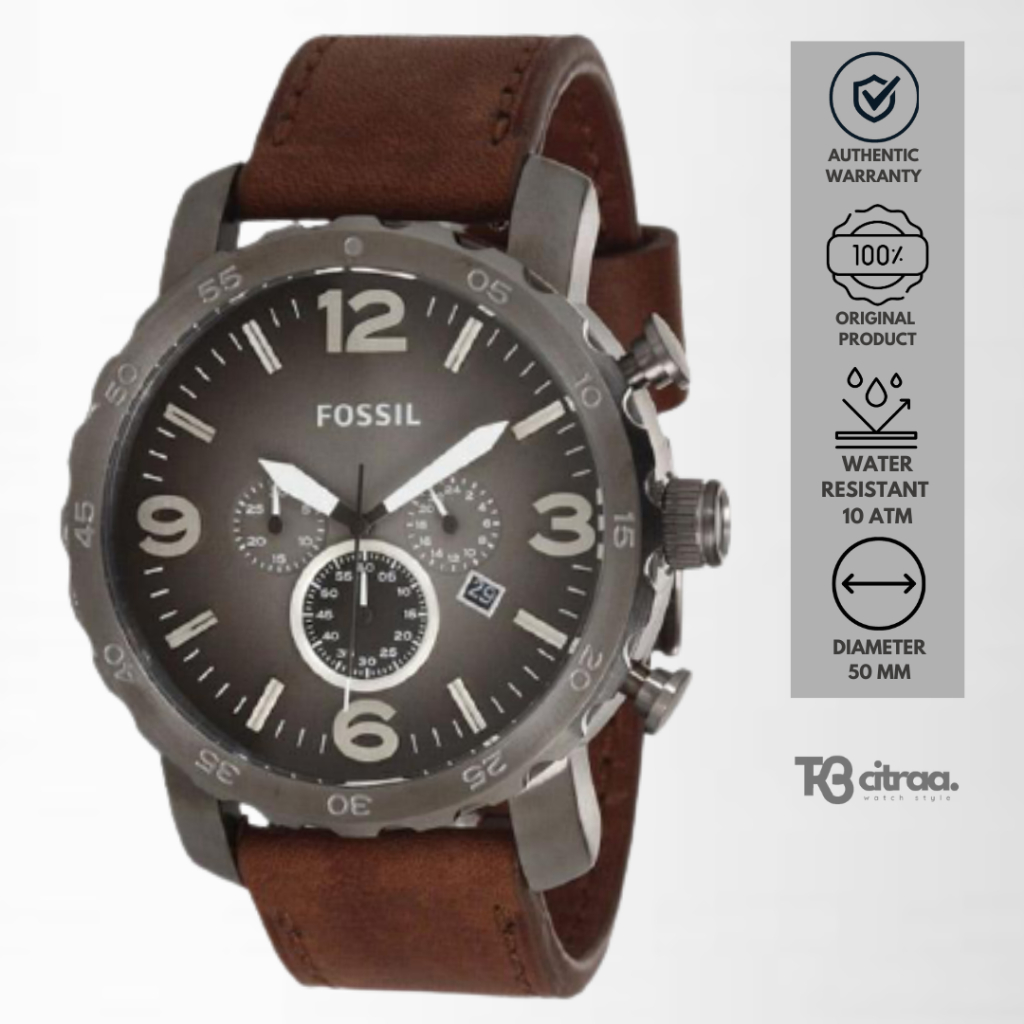 jam tangan fashion pria Fossil men Nate analog strap kulit cowok Chronograph Brown Leather watch water resistant sporty original JR1424