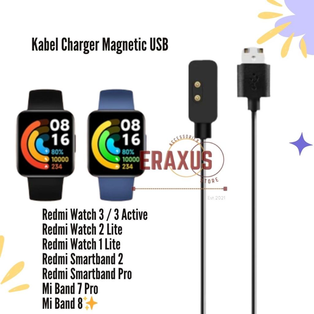 Eraxus Kabel Charger Magnetic Xiaomi Redmi Watch 2 Lite / Redmi Watch 4 / Redmi SmartBand Pro / Mi Band 7 Pro / Mi Band 8 / Redmi Smartband 2 Redmi / Mi Watch 3 Active / Redmi Watch 3 2023 Cable USB 1M Pengganti Charging Mi watch