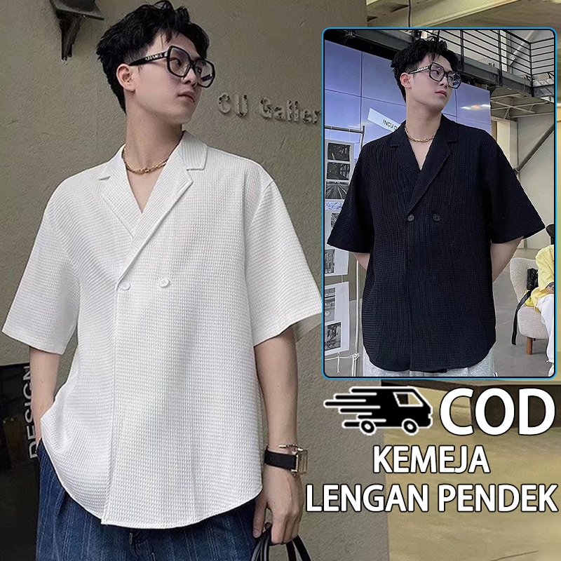 (promo COD)kemeja pria 2023 korea style kemeja pria lengan pendek V Neck Kemeja oversize pria Kemeja