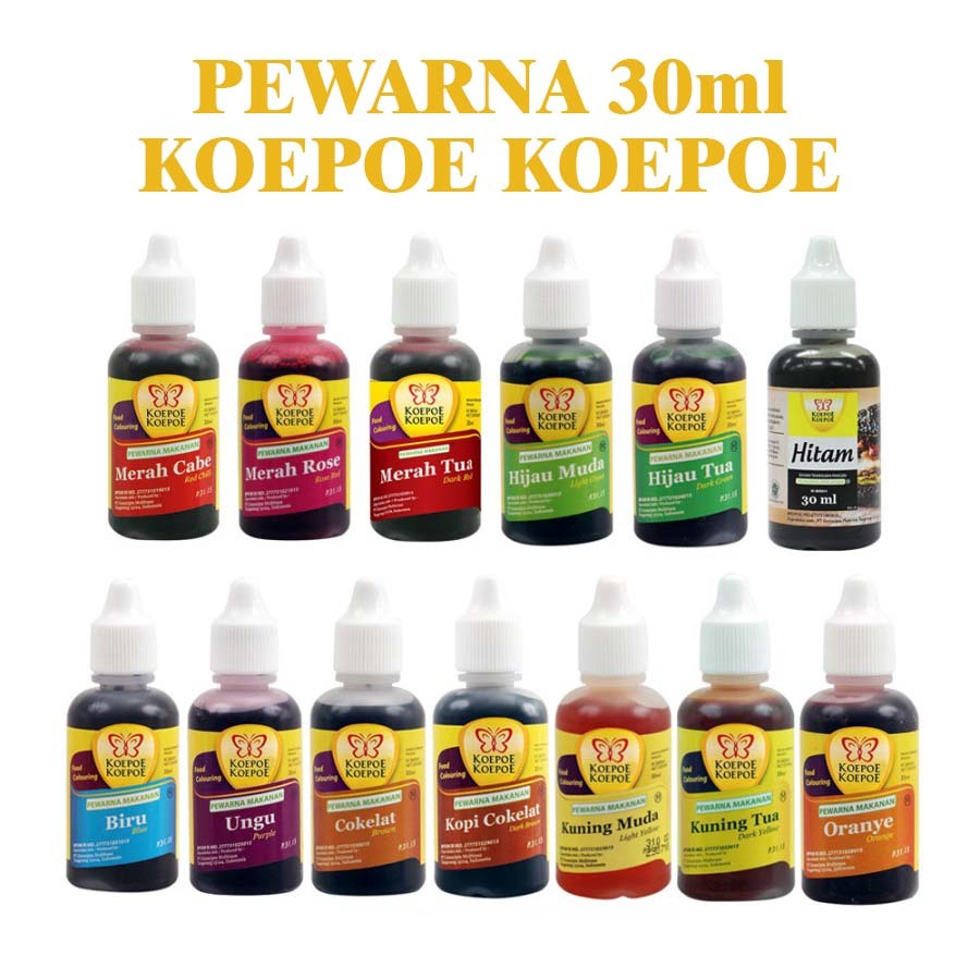 

Pewarna makanan koepoe 30ml / pewarna hitam koepoe / pewarna kuning tua / pewarna kuning muda / pewarna hijau tua / pewarna orange / pewarna coklat / pewarna biru / pewarna merah tua / pewarna merah cabe / pewarna merah rose