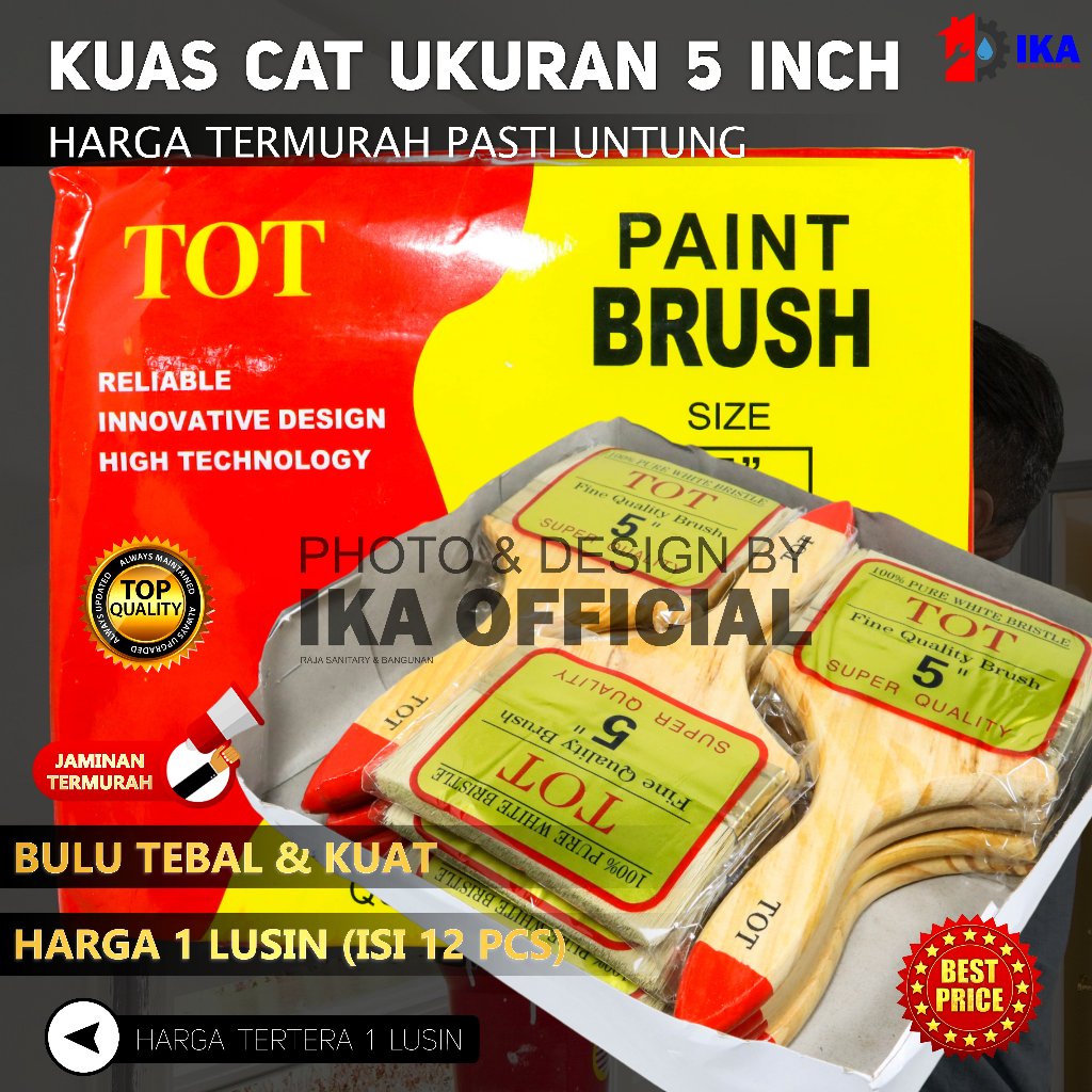 kuas cat 5 " inchi 1Lusin kuas gagang kayu gagang pvc acak merk 5 Inchi harga 1box 12pcs harga grosi