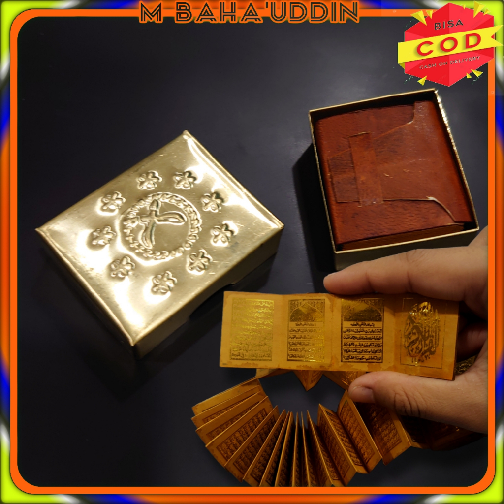 Stambul Al Qur'an lipat/oloran tinta emas wadah kuningan