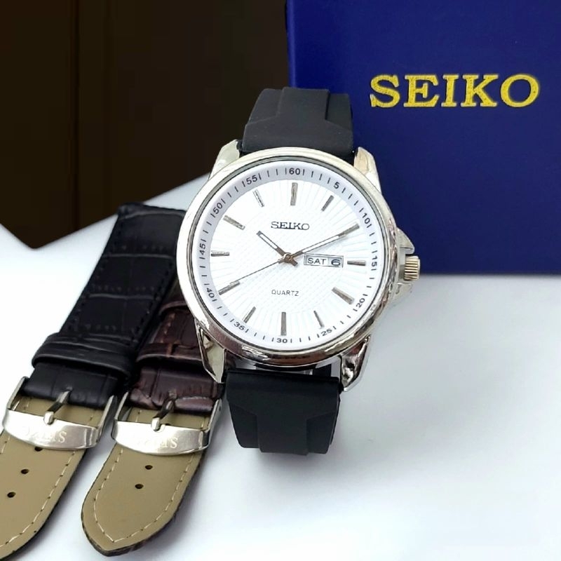 Jam Tangan Pria SEIKO Kasual Tanggal/Hari Aktif Strap Rubber Free Tali Kulit Cadangan