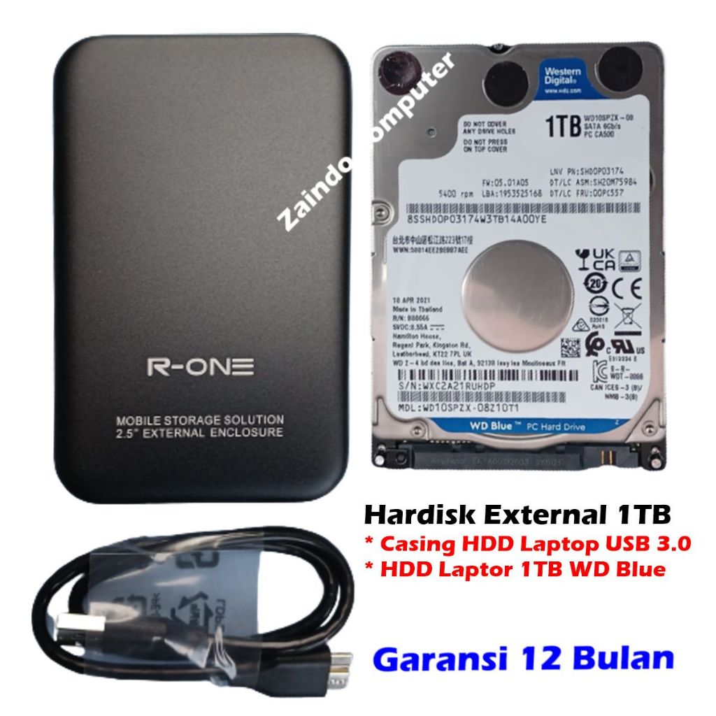 HARDISK EXTERNAL 1TB WD BLUE HDD LAPTOP + CASE R-ONE USB 3.0 HDD EXTERNAL 1 TERA HDD EKSTENAL 1000GB