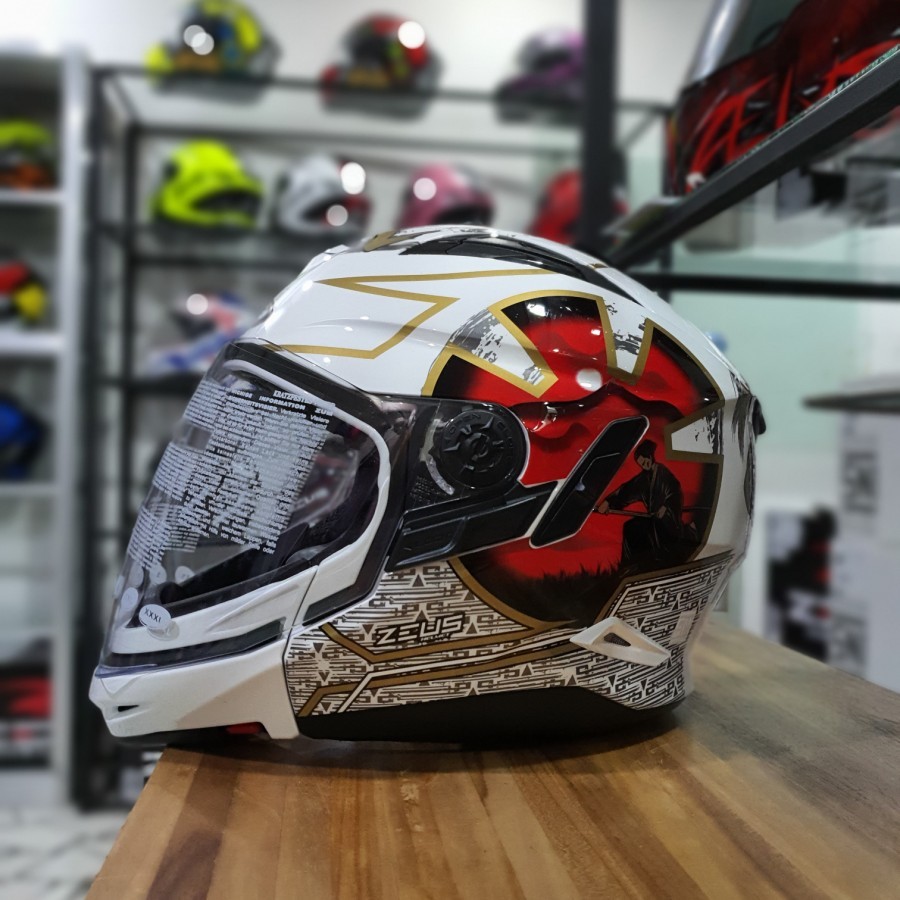 HELM ZEUS 613C WHI AJ20 RED MODULAR DOUBLE VISOR