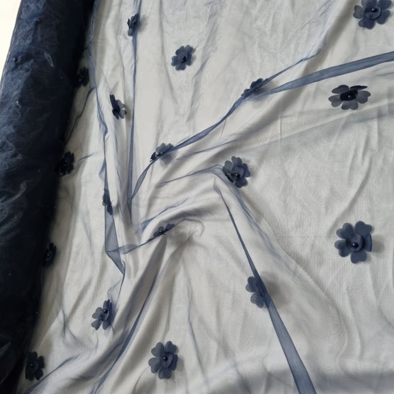 Kain Organza Motif 3D / Bahan Organdi Kaca Corak Bunga Timbul Pearl