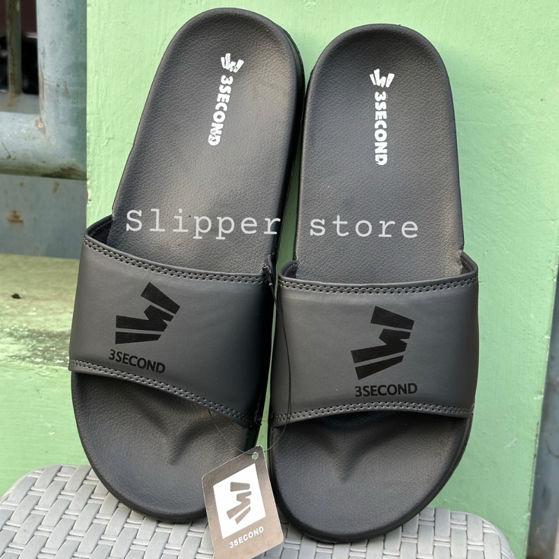 sandal slop pria 3second sendal slip on wanita three second fullblack sandal slide