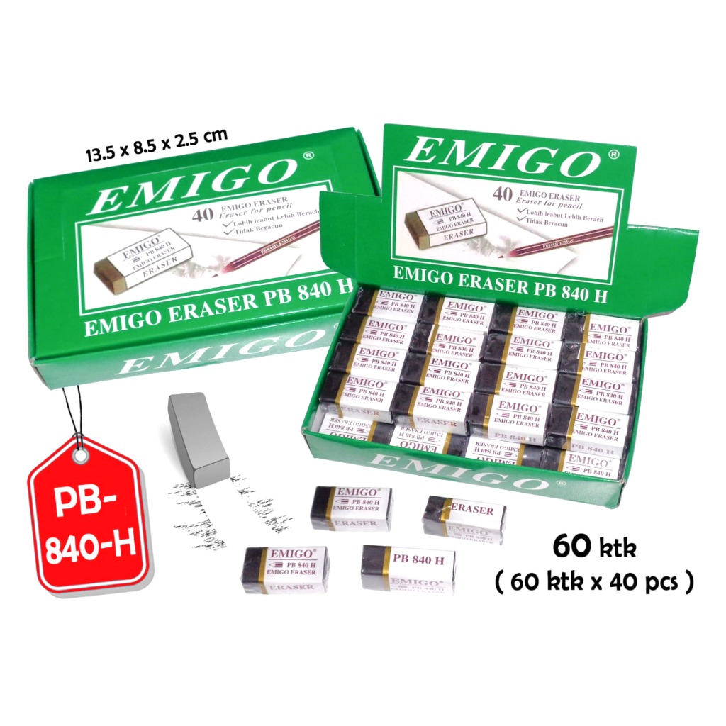 

1 BOX / 40 Pcs Penghapus Eraser Emigo PB 840 H ( Hitam )
