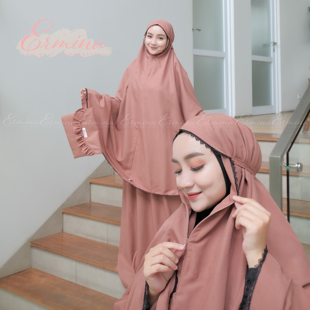 Mukena Katun Ermina 2 in 1 Jumbo Dewasa Traveling Polos Renda