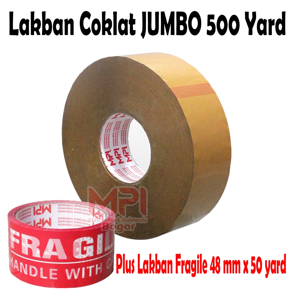 

Lakban Coklat JUMBO MPI 45 mm x 500 yard + Lakban Fragile Merah 50 Yard - Master Pack Indonesia Bogor