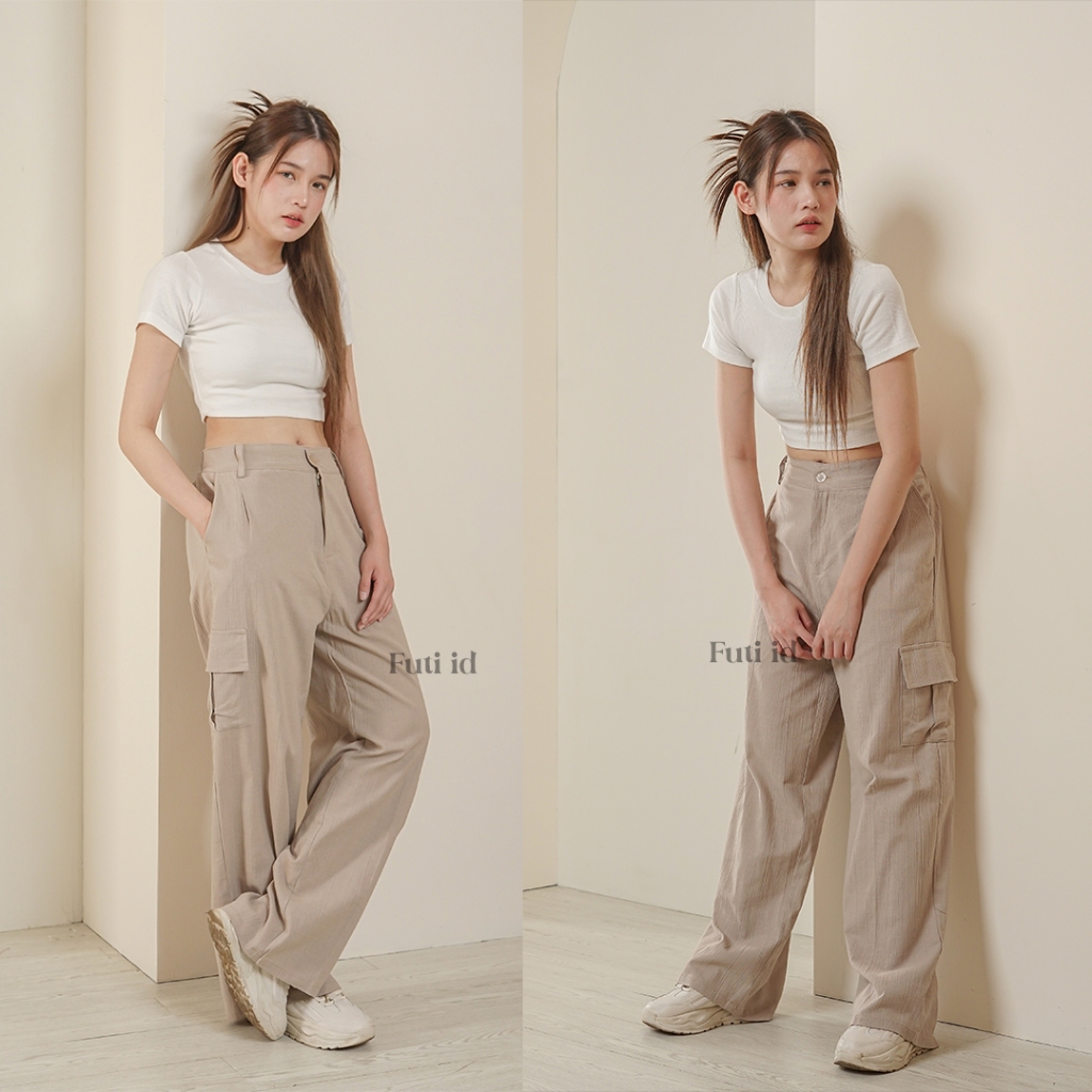 Celana Cargo Wanita Highwaist  - Cream
