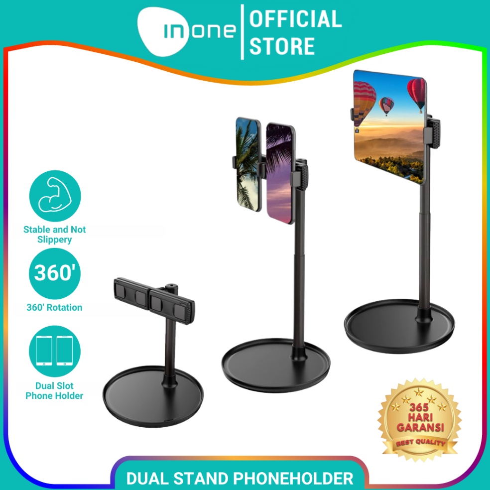 Harga Murah.. INONE Phone Holder Stand Dual Slot Rotasi 360 Derajat untuk Handphone dan Tablet (PREM