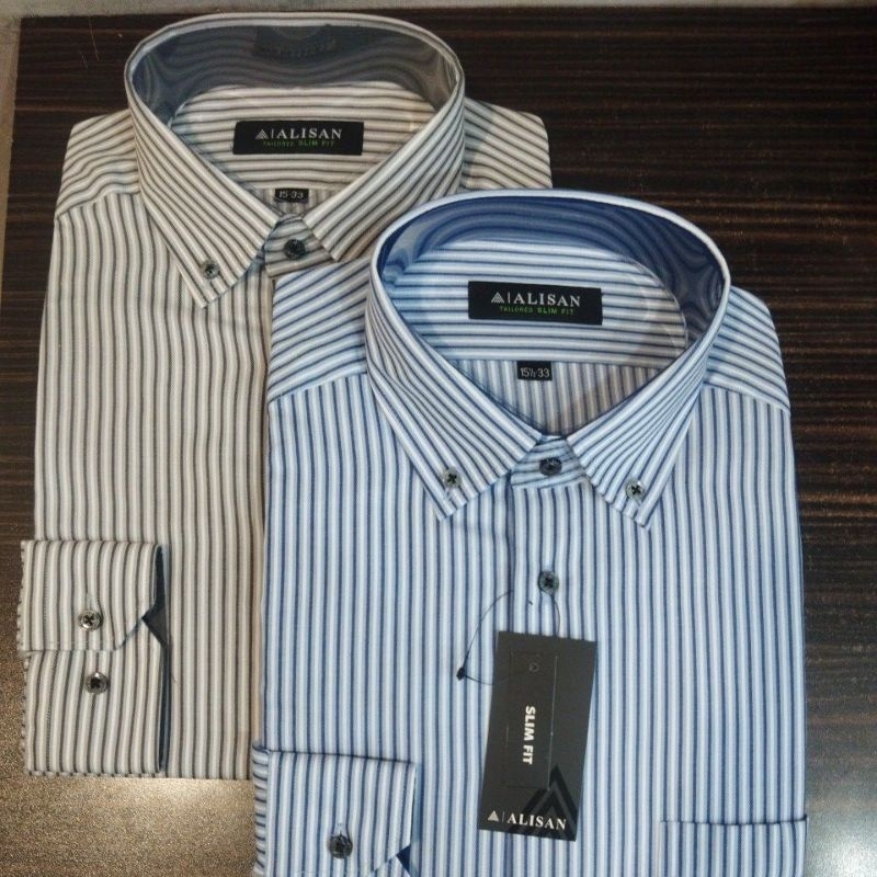 Alisan Kemeja Motif Garis Besar Lengan Panjang Slimfit