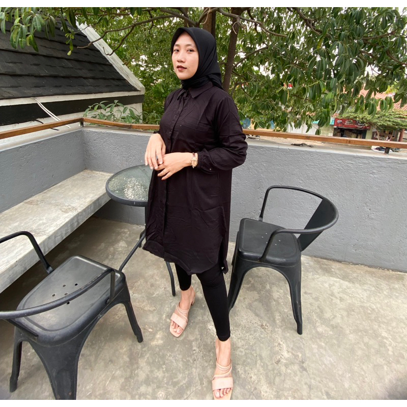 Tunik twill terbaru warna Hitam polos kombinasi saku depan rayon twill original