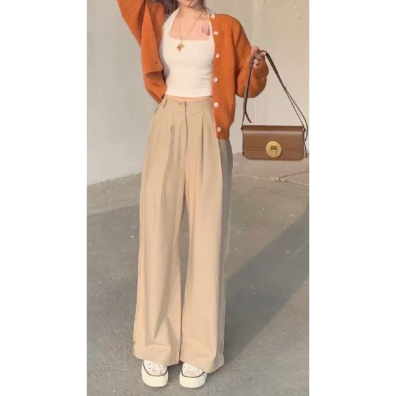 uniqlo gu cream krem brown straight lurus panjang long chocolate coklat muda linen wide leg pants bo