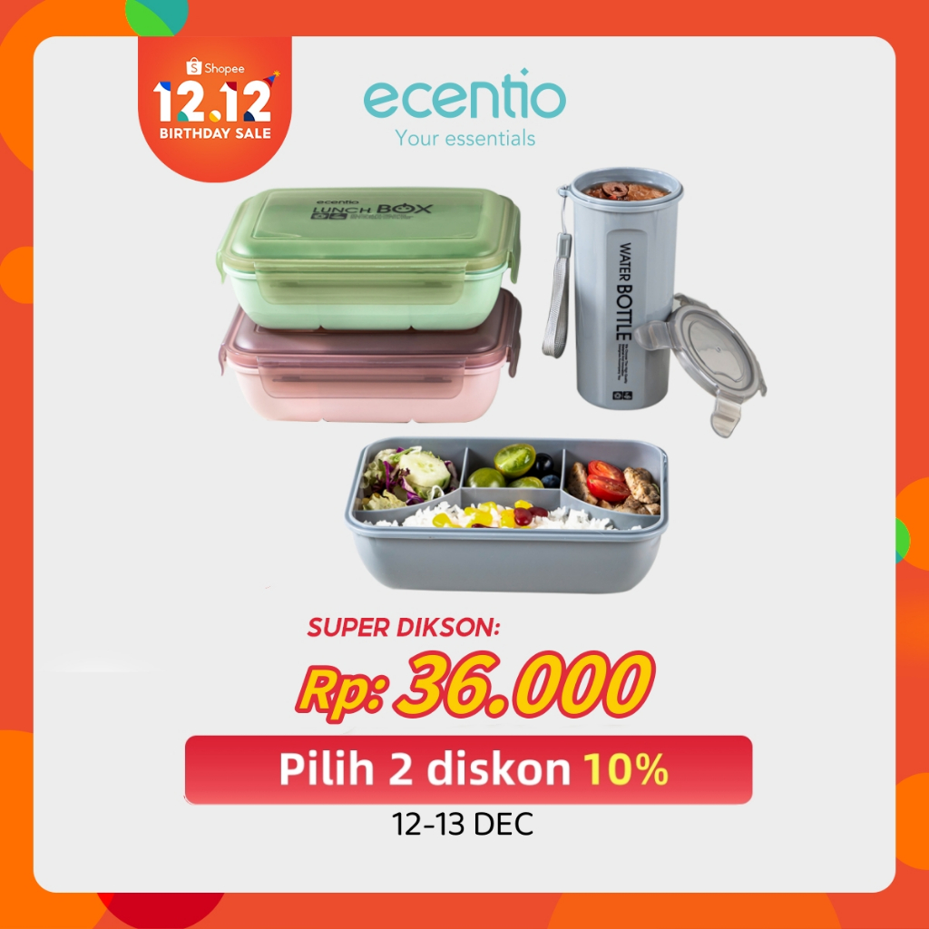 	 ecentio 1100ml lunch box set 4 Grid tempat bekal makan dan tempat minum anak kotak makan anti tumpah free sendok	