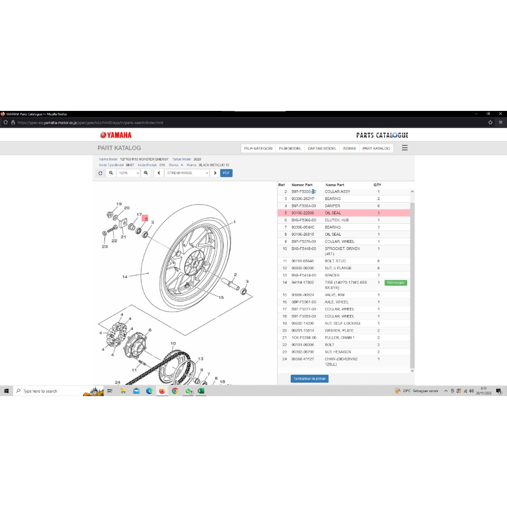 SEAL RODA BELAKANG R15 V3 R15V3 ORI YGP 93106-22808