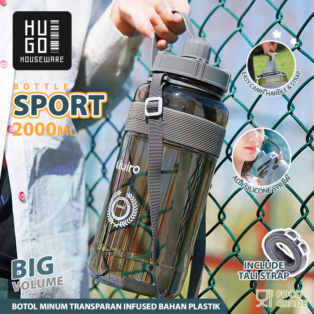HUGO Botol Minum Besar 2 Liter Botol Air Anak Sekolah Jumbo Bening 2000 ml dengan Strap Bahu Premium