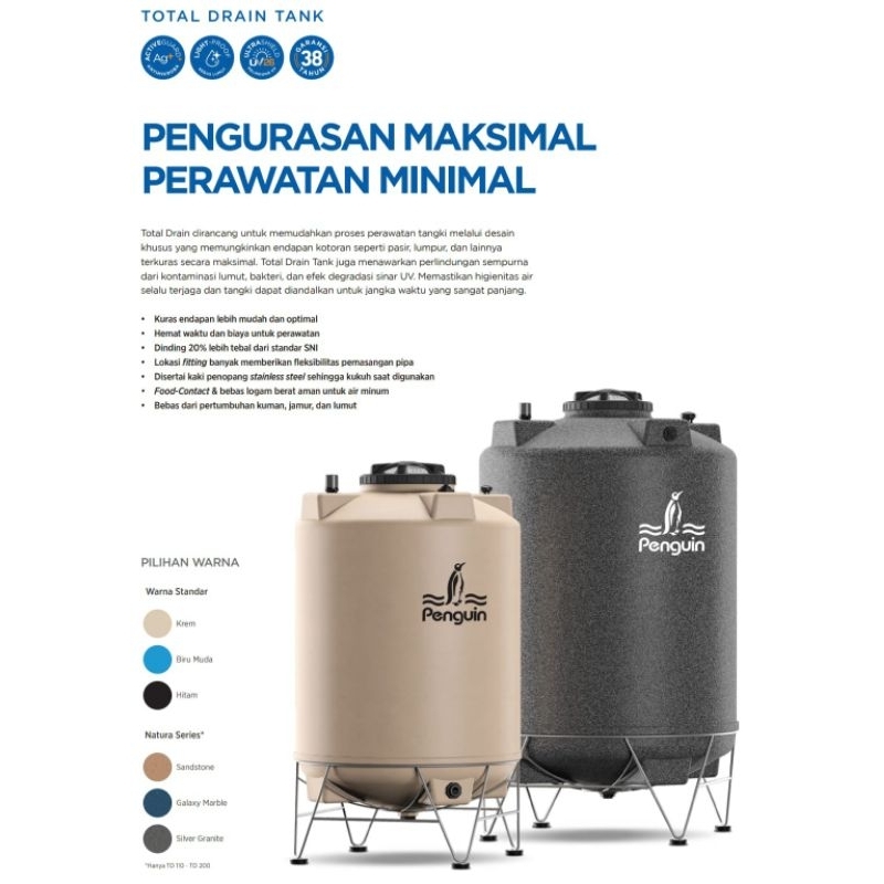 Tangki air / toren / Tedmon / Tandon Standing Total Drain Merk Penguin