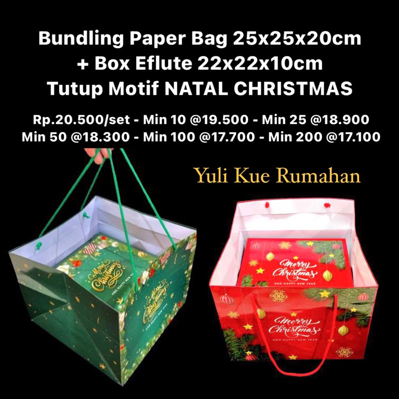 

Bundling Paper Bag 25x25x20cm + Box Eflute 22x22x10cm Tutup Motif Natal Christmas