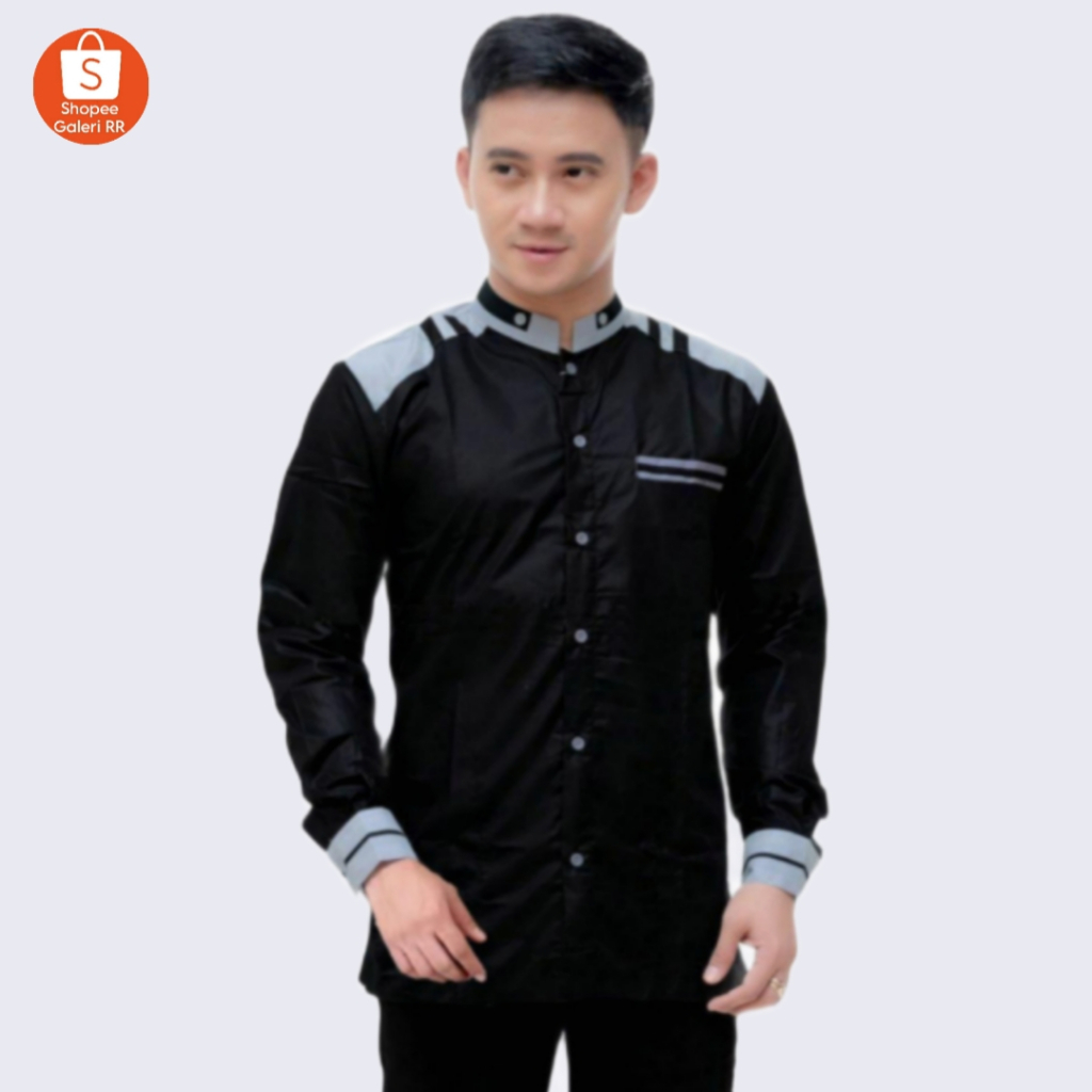 Baju Muslim Pria Motif Adidas Warna Hitam Kemeja Koko Pria Terbaru Atasan Muslim Pria Lengan Panjang