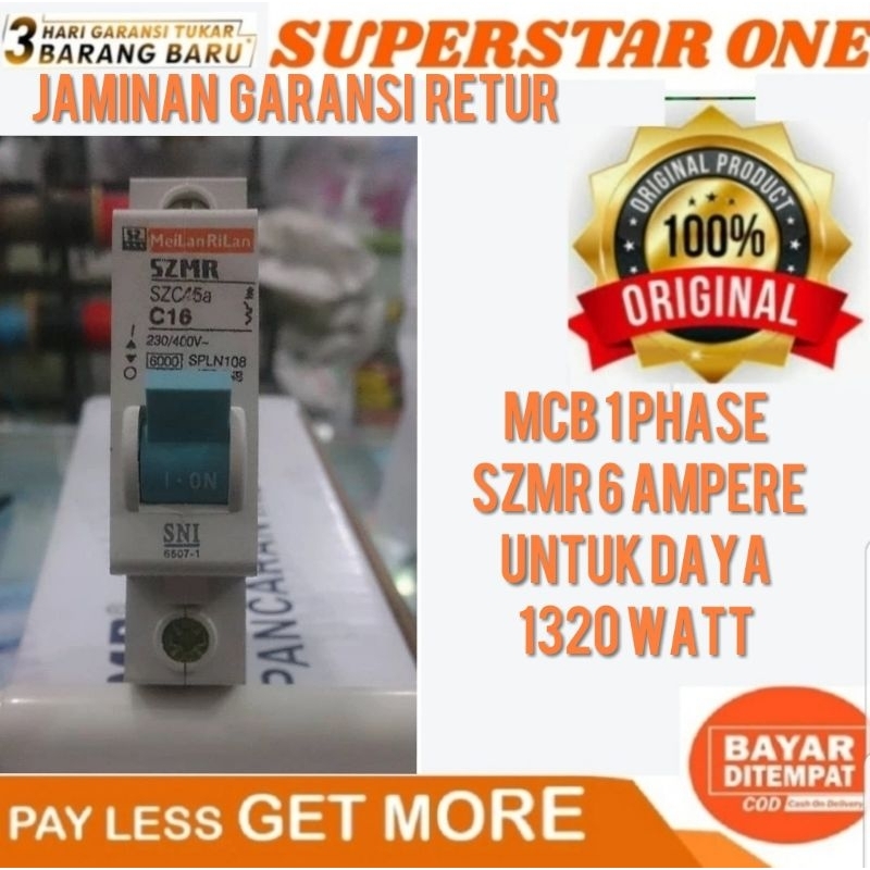 Mcb 1 phase szmr 6 ampere/C6 untuk daya 1.320 watt