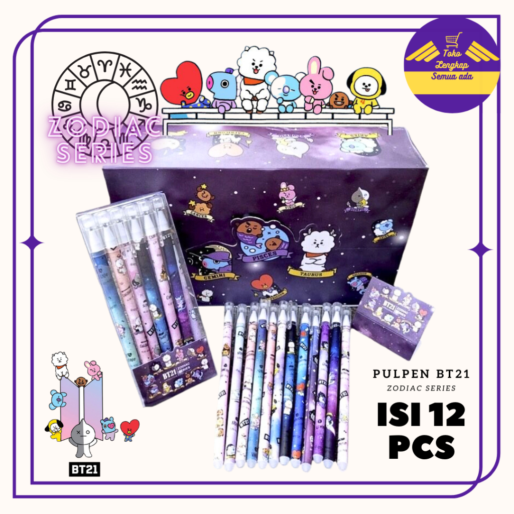 

TLSA Pulpen / Pensil / Ball Pen Bisa dihapus Karakter Lucu Bt21 BTS Zodiak - Mix 12pc