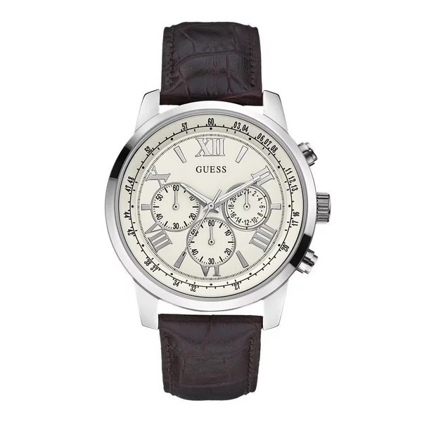 GUESS Men Horizon Brown Leather White Dial Chronograph Watch - Jam Tangan Pria W0380G2 Original Japa