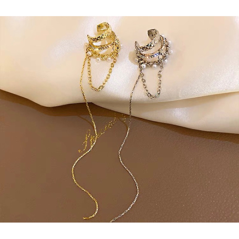 Ginza Earcuff (1PC) / Anting Giwang Juntai Jepit Tanpa Tindik Mutiara Mewah Gaya Korea