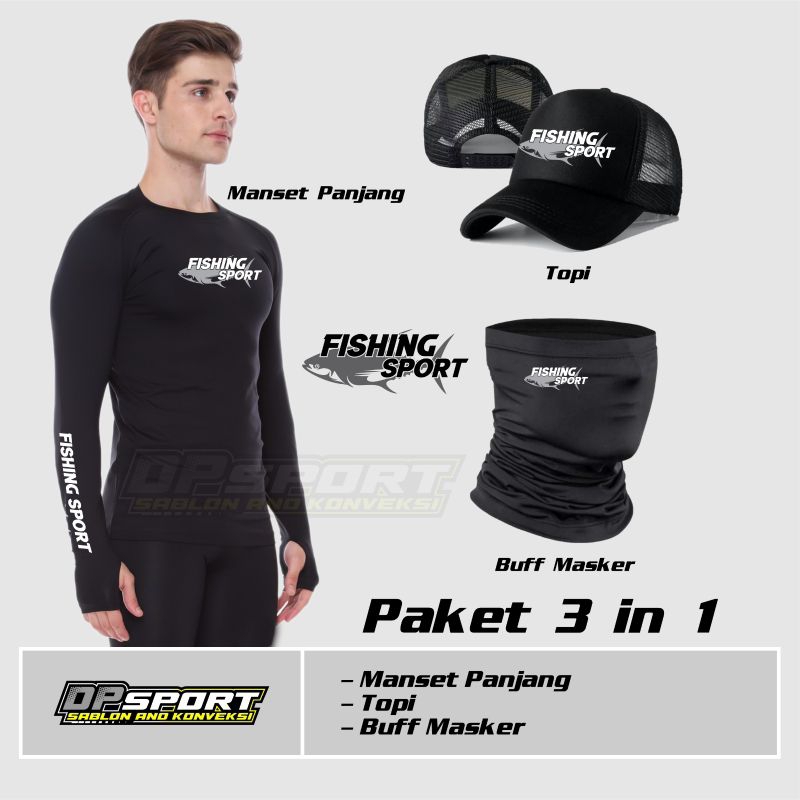 Set 3 Pcs Topi Trucker Jala Jaring Buff Masker Pelindung Panas Sinar  UV Dan Baselayer Jersey Lengan