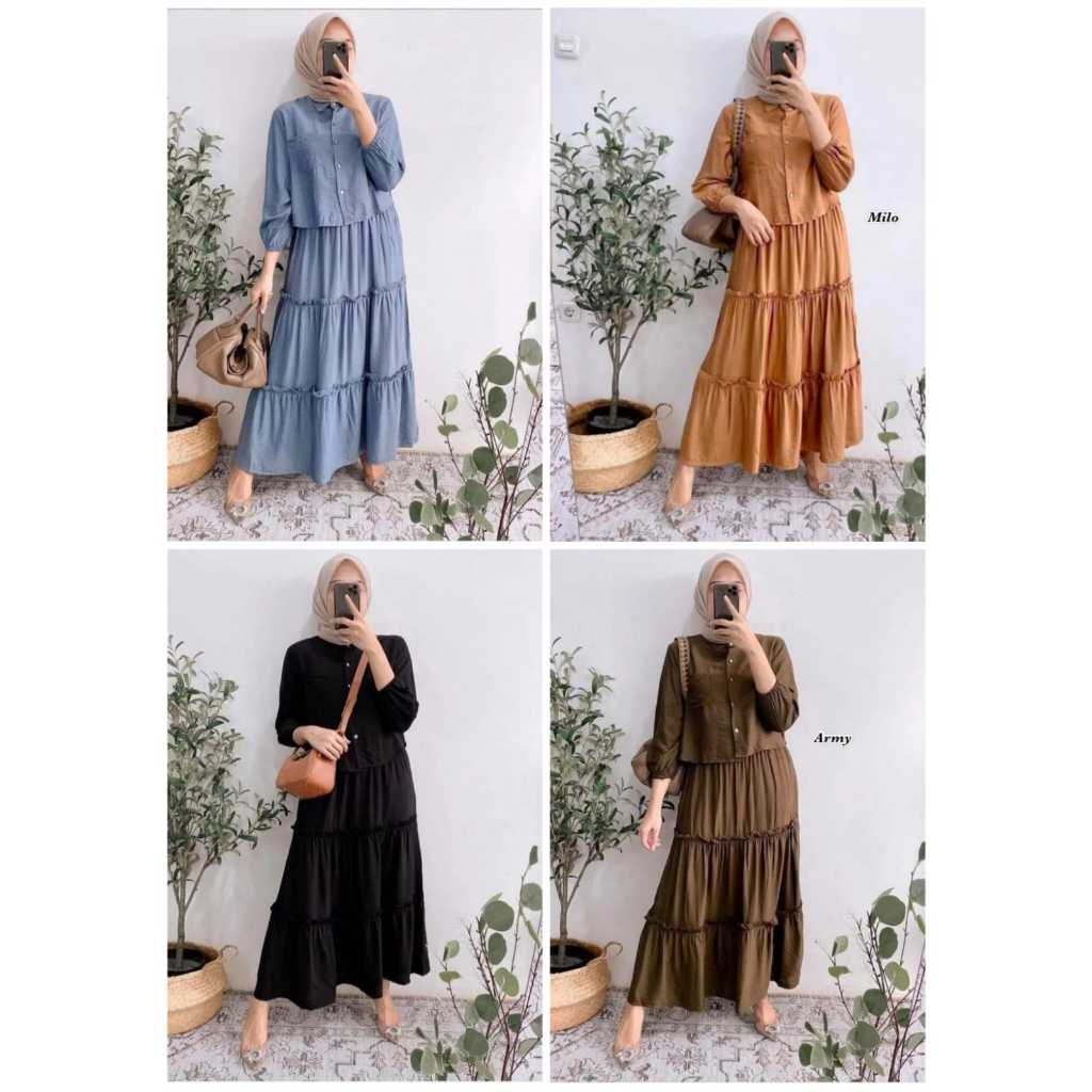 SETELAN ROK CLARA CRINKLE CROP WANITA TERBARU LD 110 / SET ROK REMPEL PAYUNG KEMEJA LENGAN SERUT - C
