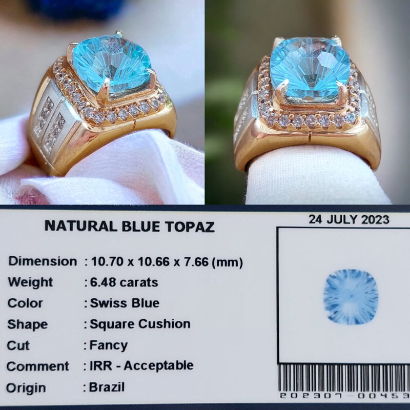 CINCIN PERMATA BATU NATURAL BLUE TOPAZ + MEMO LAB ORIGINAL