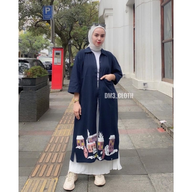 Terbaru Long Tunik Dm3 Cloth Full Kancing Tunik Wanita Kekinian Sablonn Cantikkk