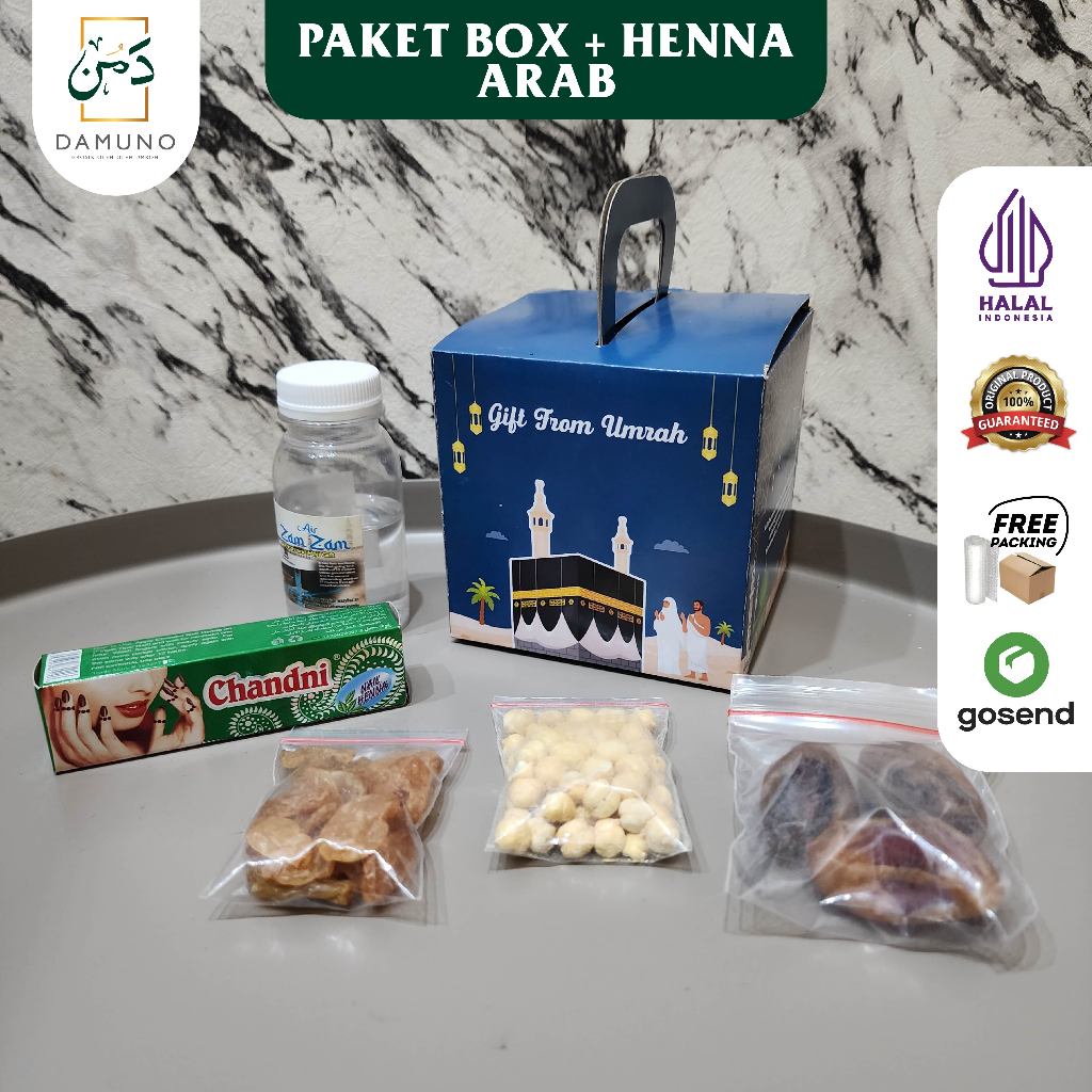 

Paket Henna Arab Oleh Oleh Haji dan Umroh isi Air Zamzam +Botol 80ml + Kismis Golden