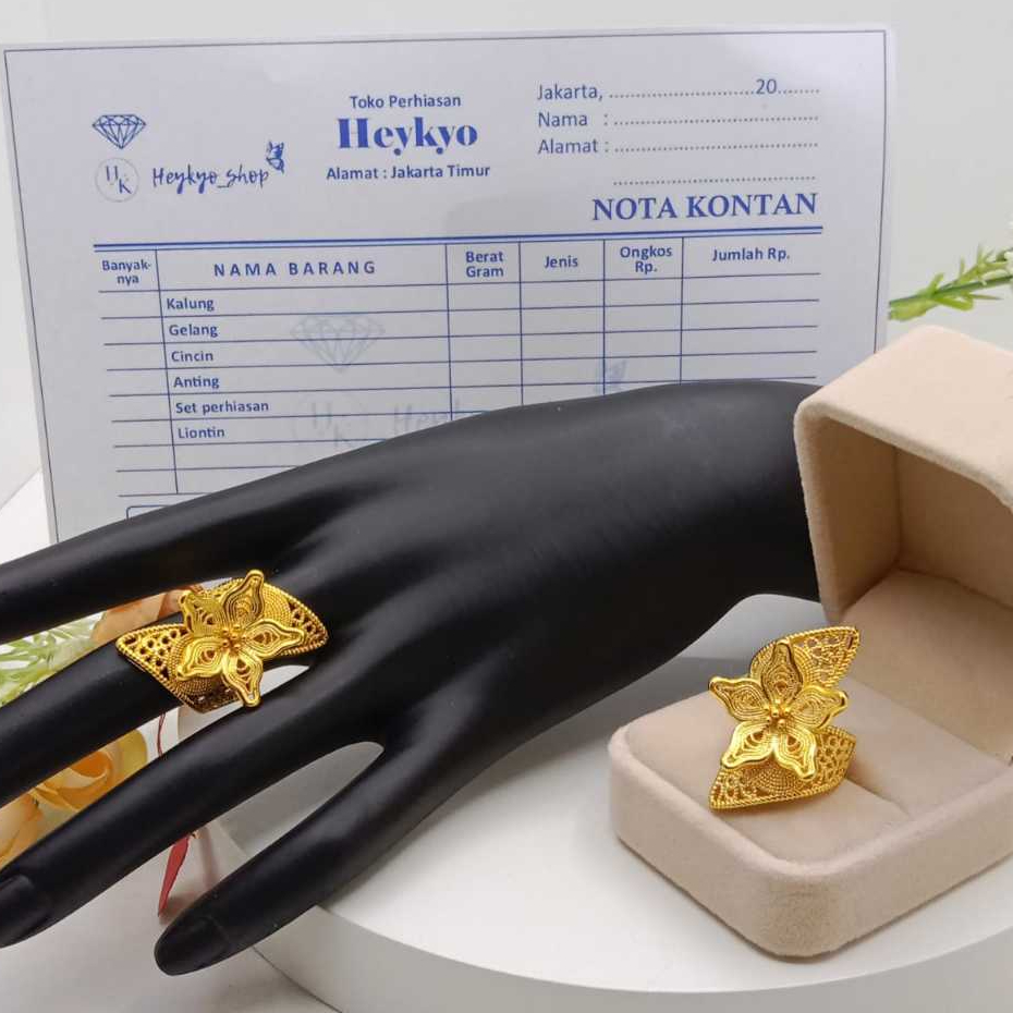 Heykyo - Cincin Wanita Dubai Lapis Emas Muda 8,0 Gram Model Batik Bunga Melati Gold Free Box cincin 