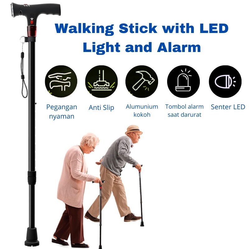 Tongkat Jalan Orang Tua/lansia Dengan Lampu Dan Alarm